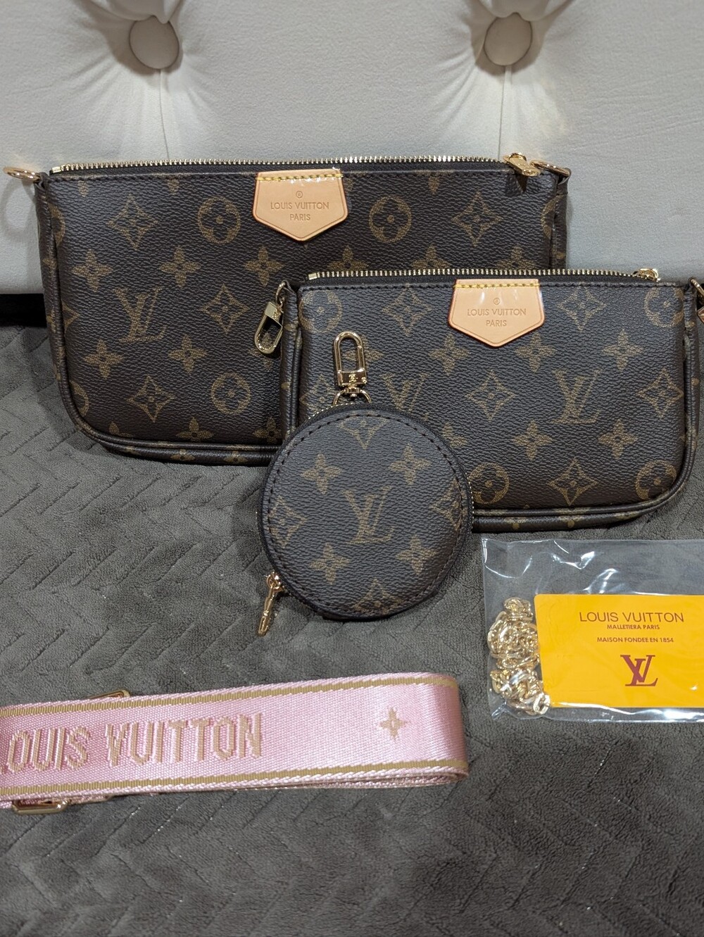 Louis Vuitton Monogram Multi Pochette with Pink Strap and Gold Hardware